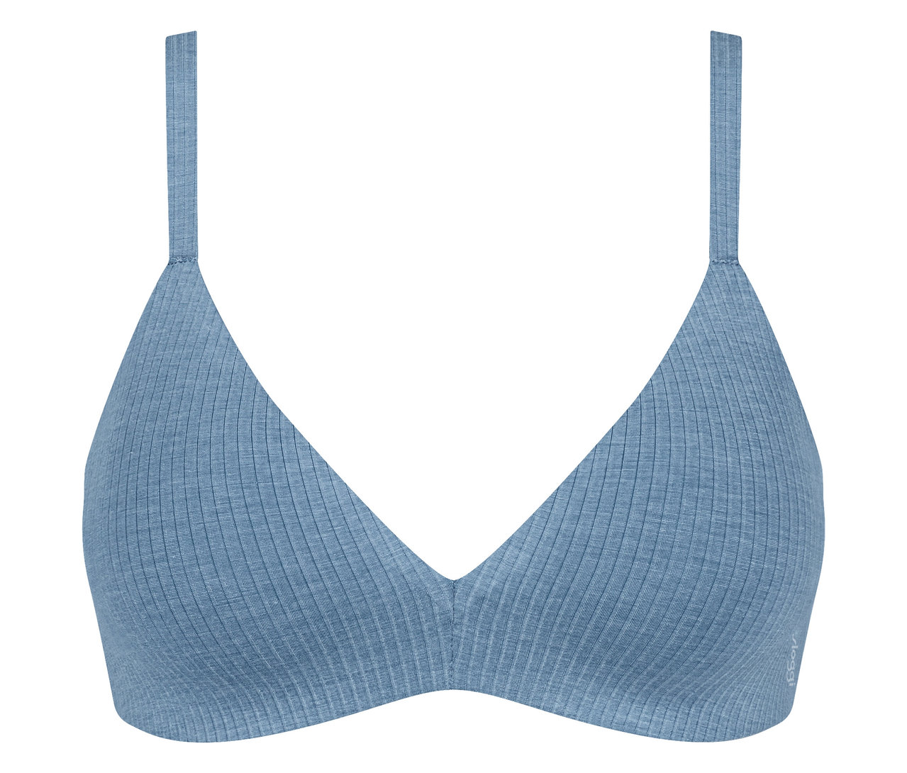 Világoskék, bordázott bralette puha kosarakkal és vékony pántokkal.