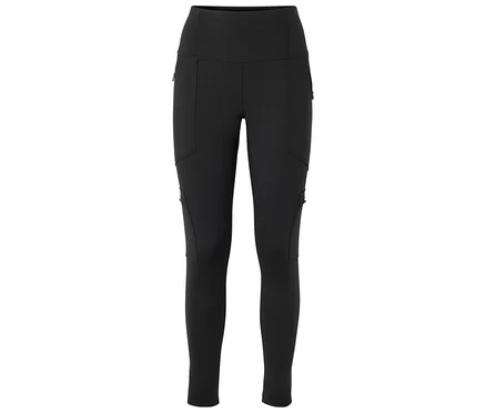 Fekete magas derekú leggings több zsebbel: cipzáras zsebek a felső elülső és alsó külső combokon, valamint fedeles zsebek a külső combokon.