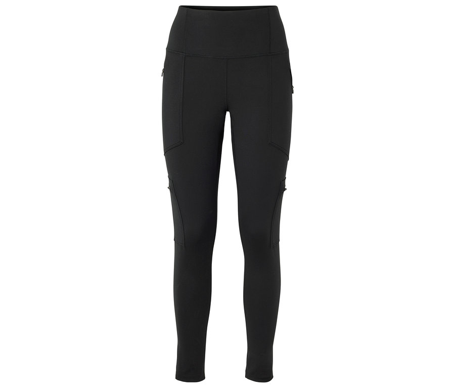 Fekete magas derekú leggings több zsebbel: cipzáras zsebek a felső elülső és alsó külső combokon, valamint fedeles zsebek a külső combokon.