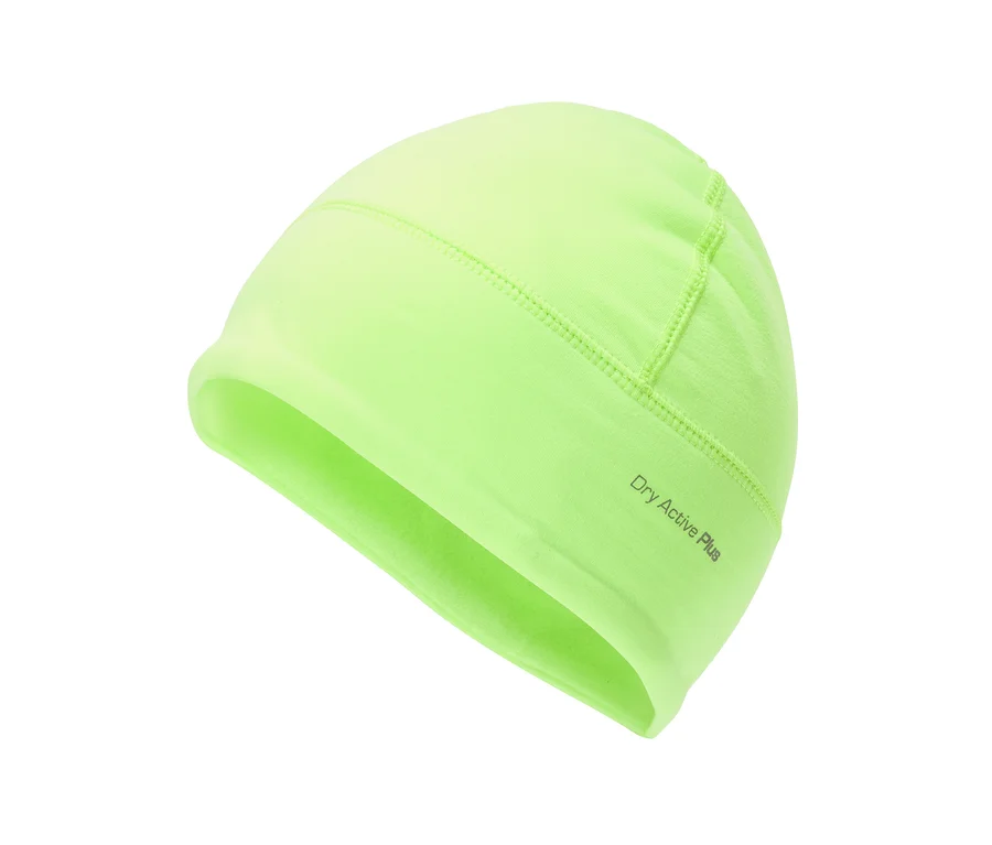 Neon sárga sapka "Dry Active Plus" felirattal az oldalán, fehér háttér előtt.
