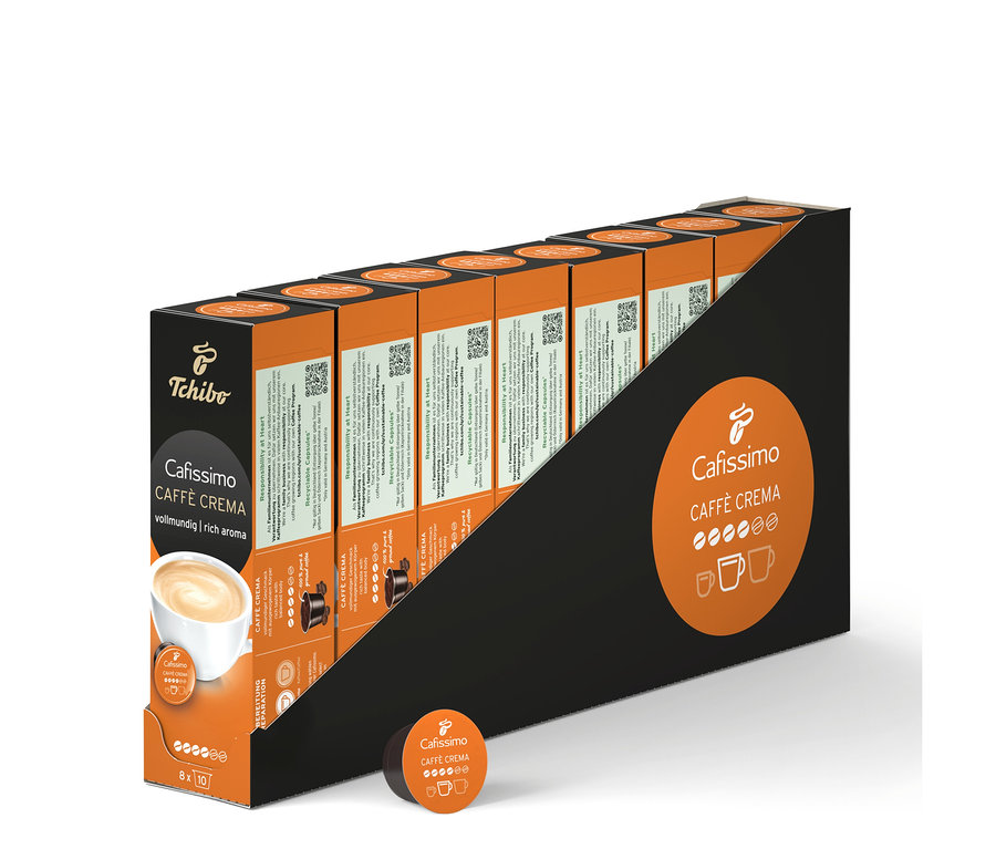 Egy fekete tartóban több Caffè Crema vollmundig - 80 kapszula csomag sorakozik.