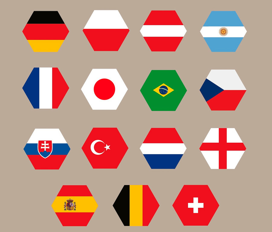 15 hatszögletű zászló rácsa, köztük Németország, Lengyelország, Ausztria, Argentína, Franciaország, Japán, Brazília, Csehország, Szlovákia, Törökország, Hollandia, Anglia, Spanyolország, Belgium és Svájc.