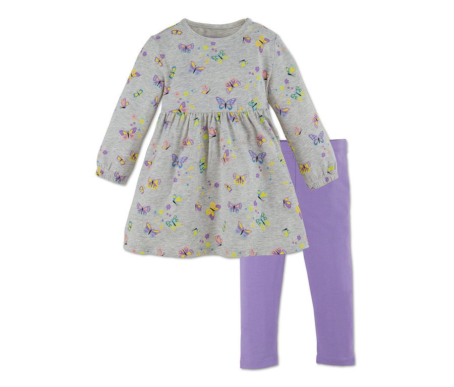 Szürke, pillangómintás jersey ruha és lila leggings.