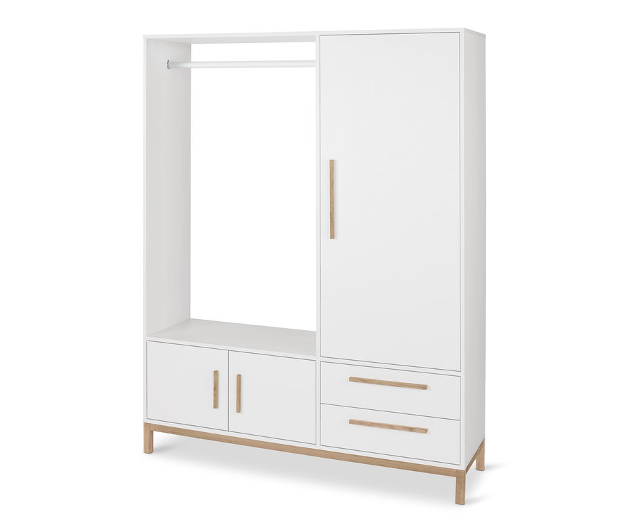 Fehér Eklund ruhásszekrény polcokkal, fiókokkal és akasztórúddal.