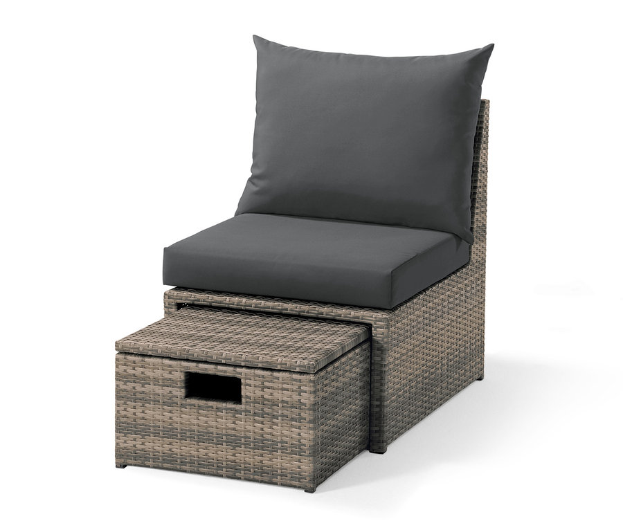 Kerti polyrattan fotel, lábtartó, "Thore", szürke párnával.