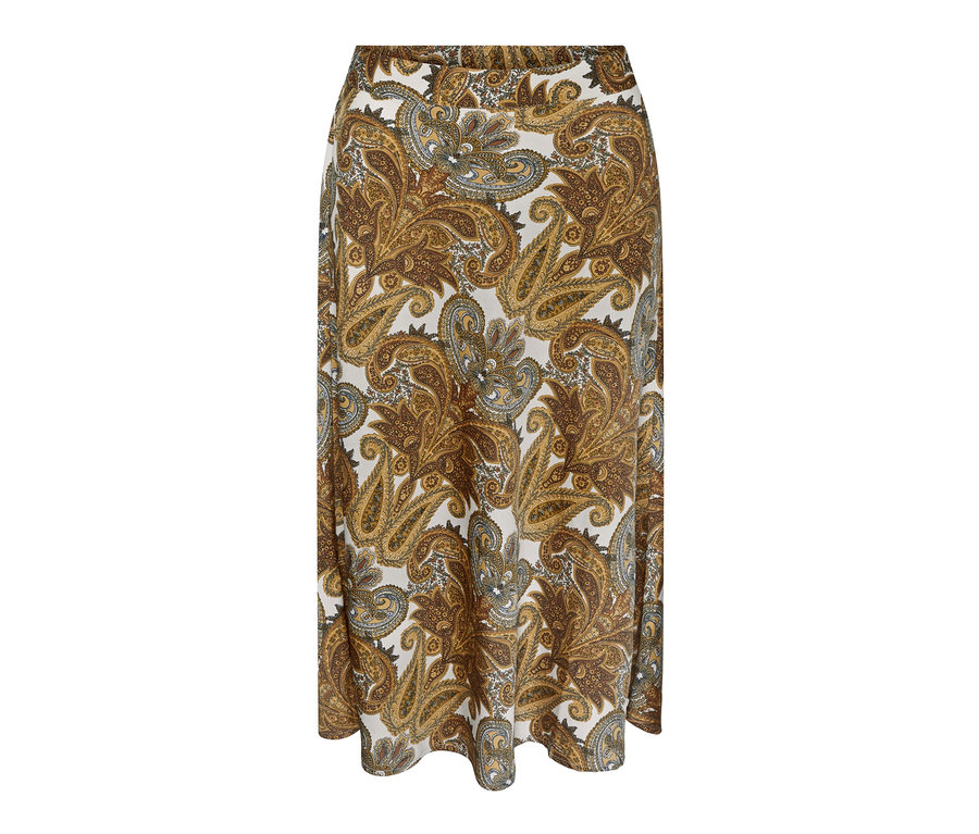 Mintás, barna női midiszoknya.