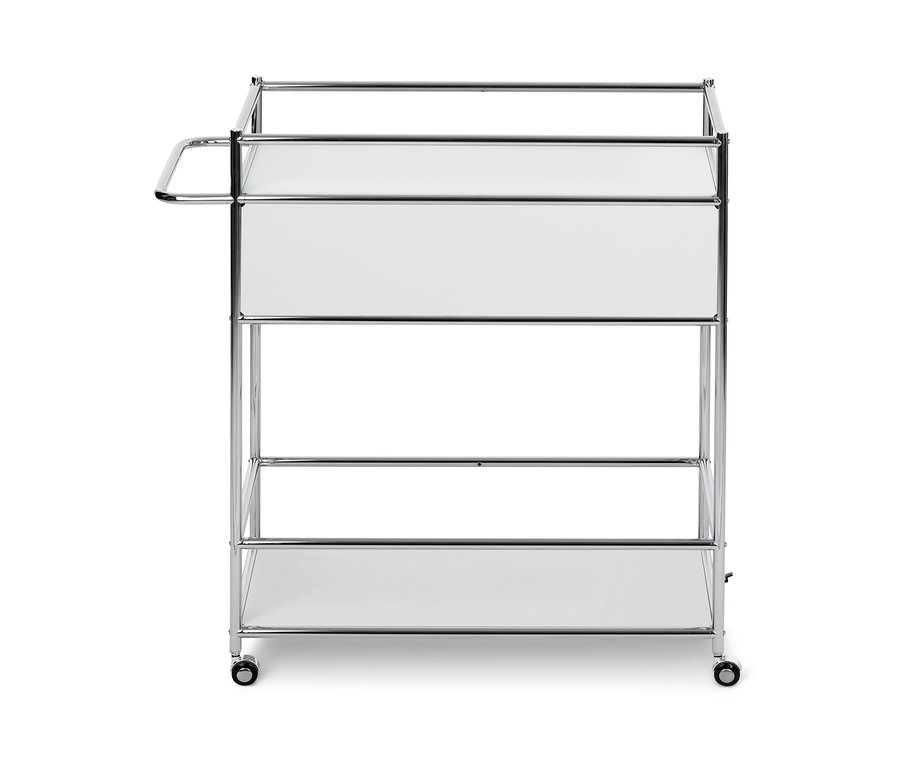 Fém zsúrkocsi három polccal és egy fiókkal.