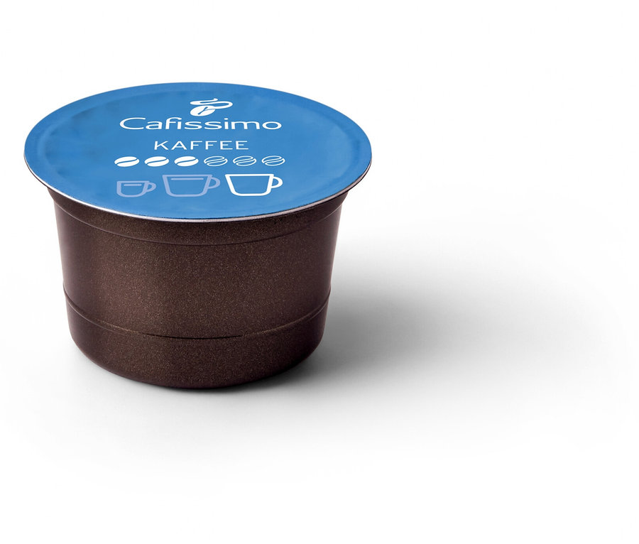 Közelkép egy Caffè Fine kávékapszuláról fehér háttérrel.