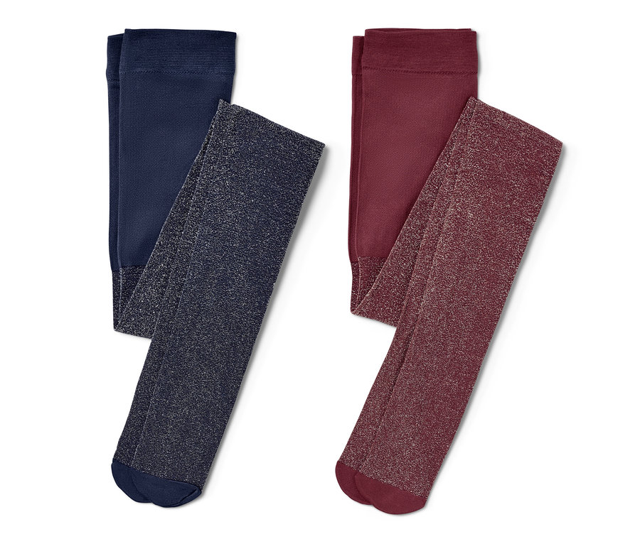 Két kislány harisnyanadrág: egy sötétkék és egy bordó, mindkettő csillogó.