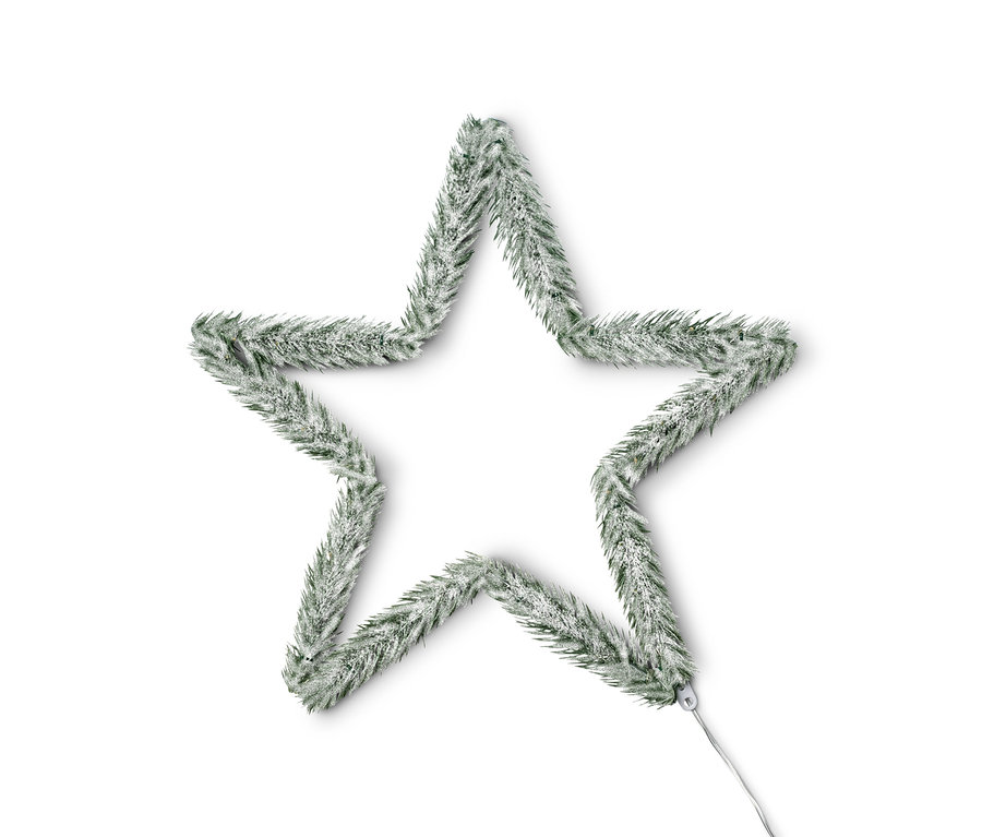 Egy kis LED-es fémcsillag, fenyőágakkal és műhóval díszítve.