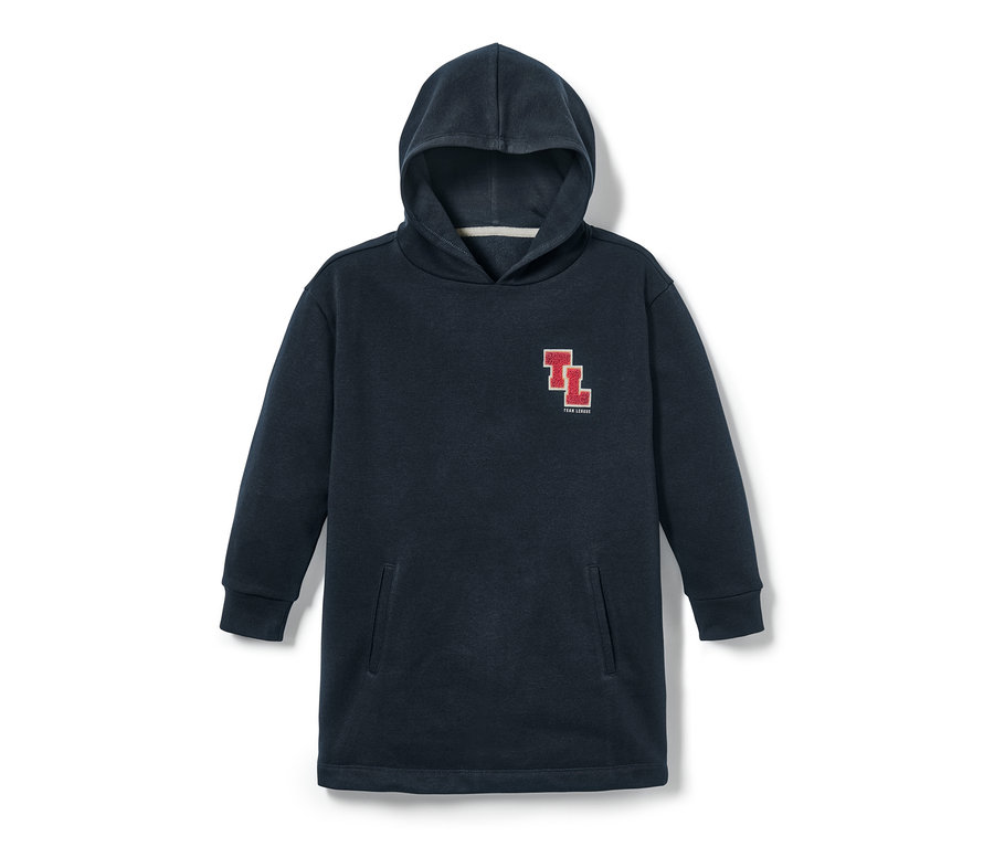 Kék hosszú kapucnis pulóver.