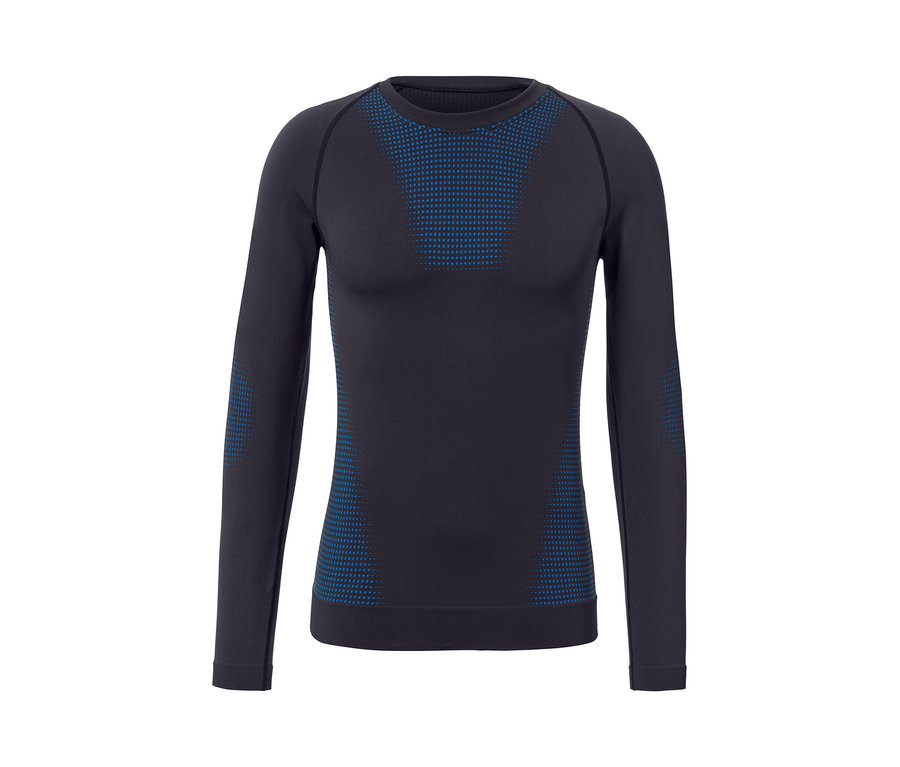 Sötét színű, hosszú ujjú funkcionális póló kék mintával.