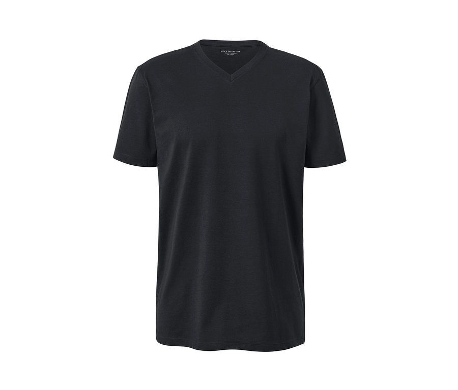 Fekete, rövid ujjú, V-nyakú póló.