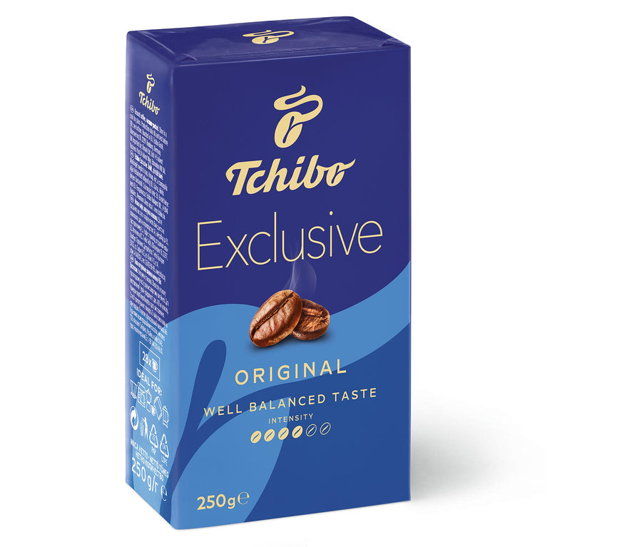 Egy csomag Tchibo Exclusive 250g őrölt kávé.