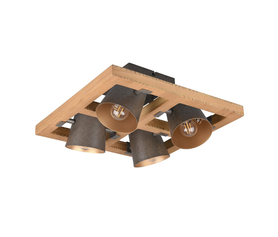 Trio Bell mennyezeti lámpa, 4 ágú, fa kerettel és lámpabúrákkal.