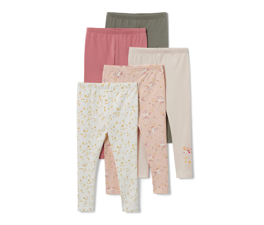 Öt darab mintás gyerek leggings olíva, rózsaszín, krémszínben, unikornis és csillag mintával.