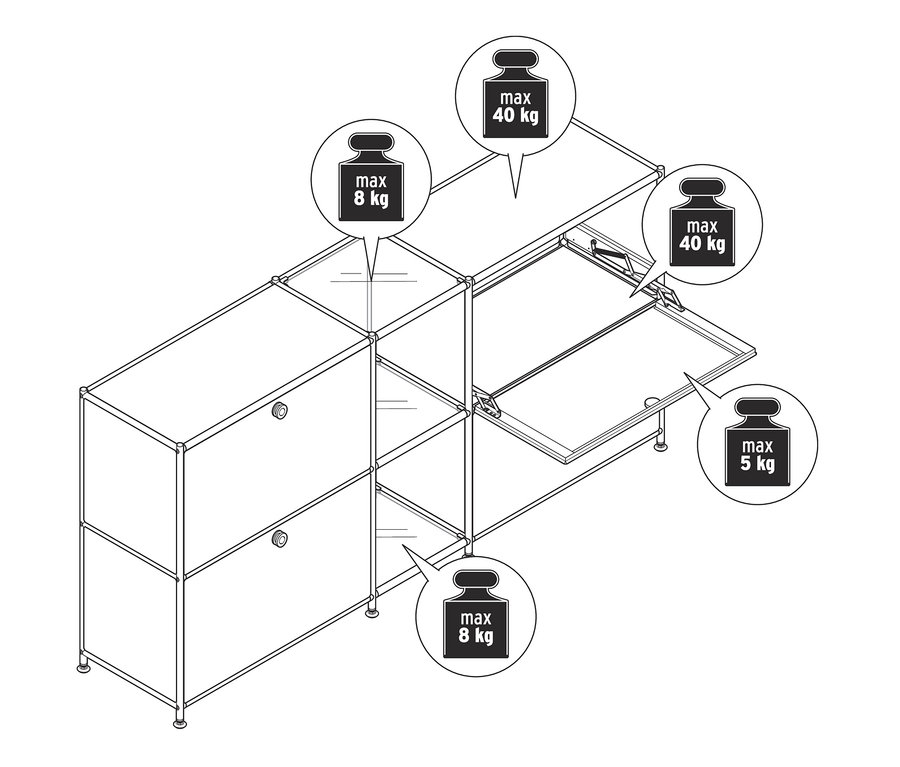 Ábra egy fém komódról „CN3” 4 lenyíló ajtóval és maximális terhelhetőséggel.
