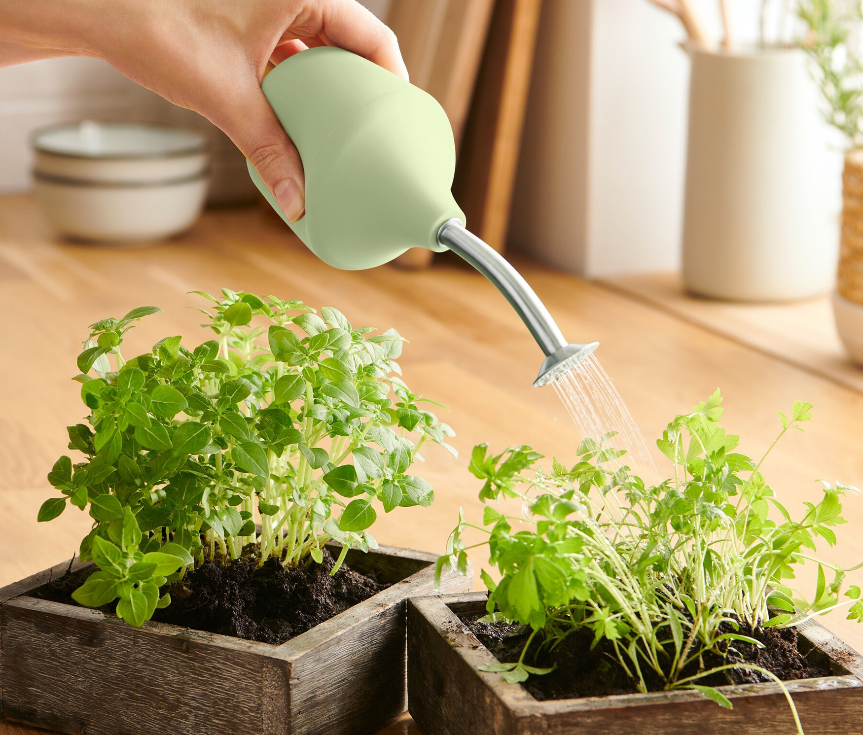 Egy kéz Kerti palántaöntözővel öntöz két növényt fa virágládákban.