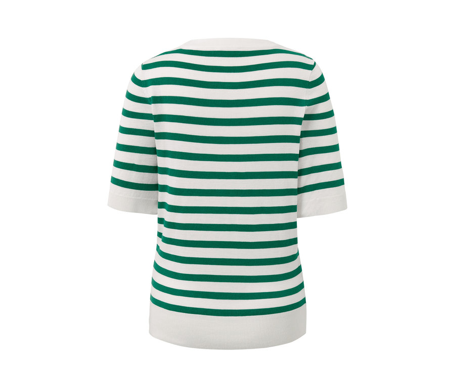 Finom kötésű, csíkos pulóver rövid ujjakkal.