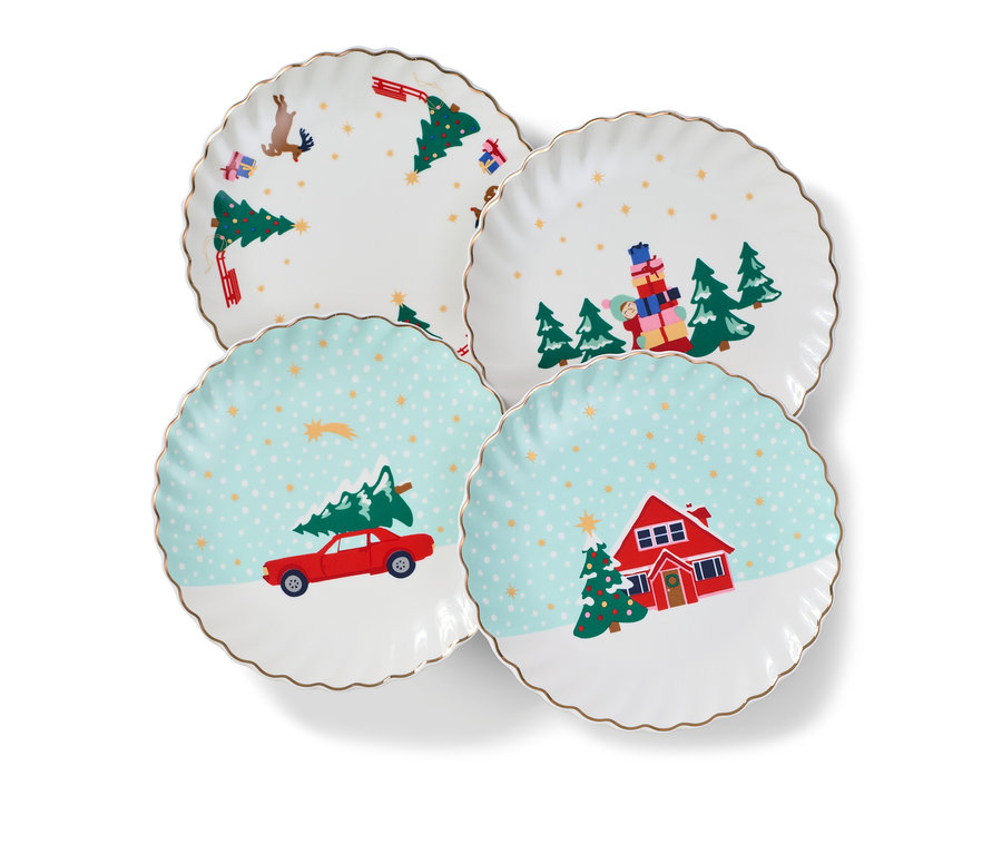 Négy karácsonyi mintás desszertes tányér arany díszítéssel.