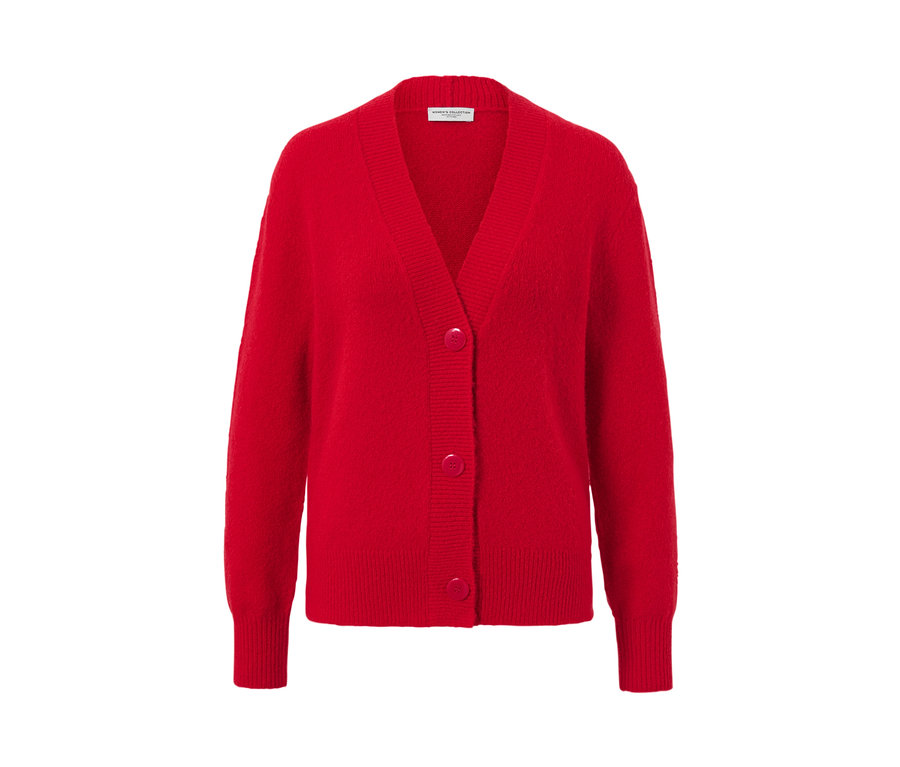 Piros, V-nyakú, gombos, kötött kardigán.