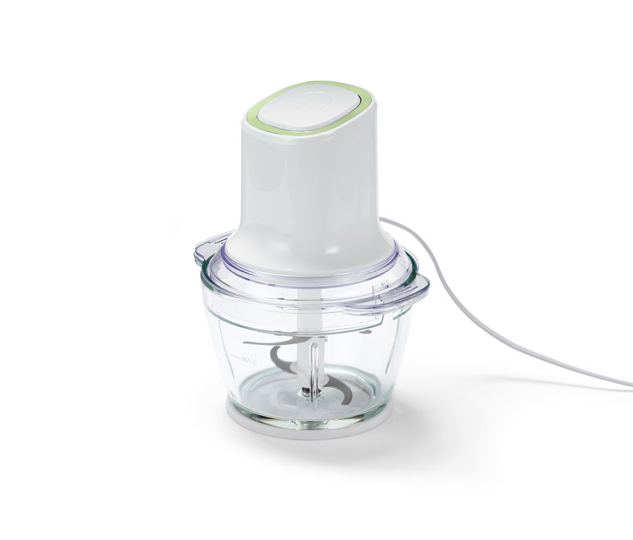 Multifunkcionális aprító átlátszó üvegtartállyal és fehér tetővel.