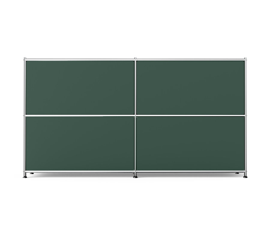 Olívazöld fém polcos komód ,2x2, 2 ajtóval.