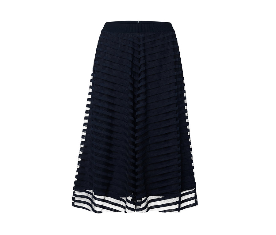 Sötétkék női mesh midi szoknya fekete-fehér csíkokkal.