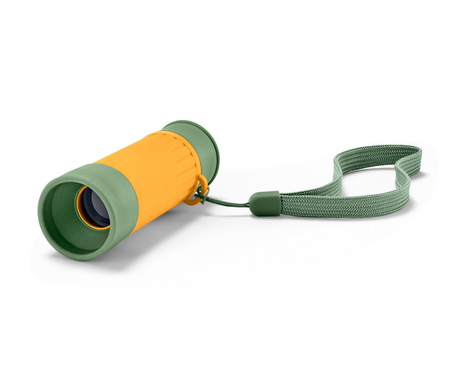 Sárga-zöld távcső pánttal fehér háttéren.