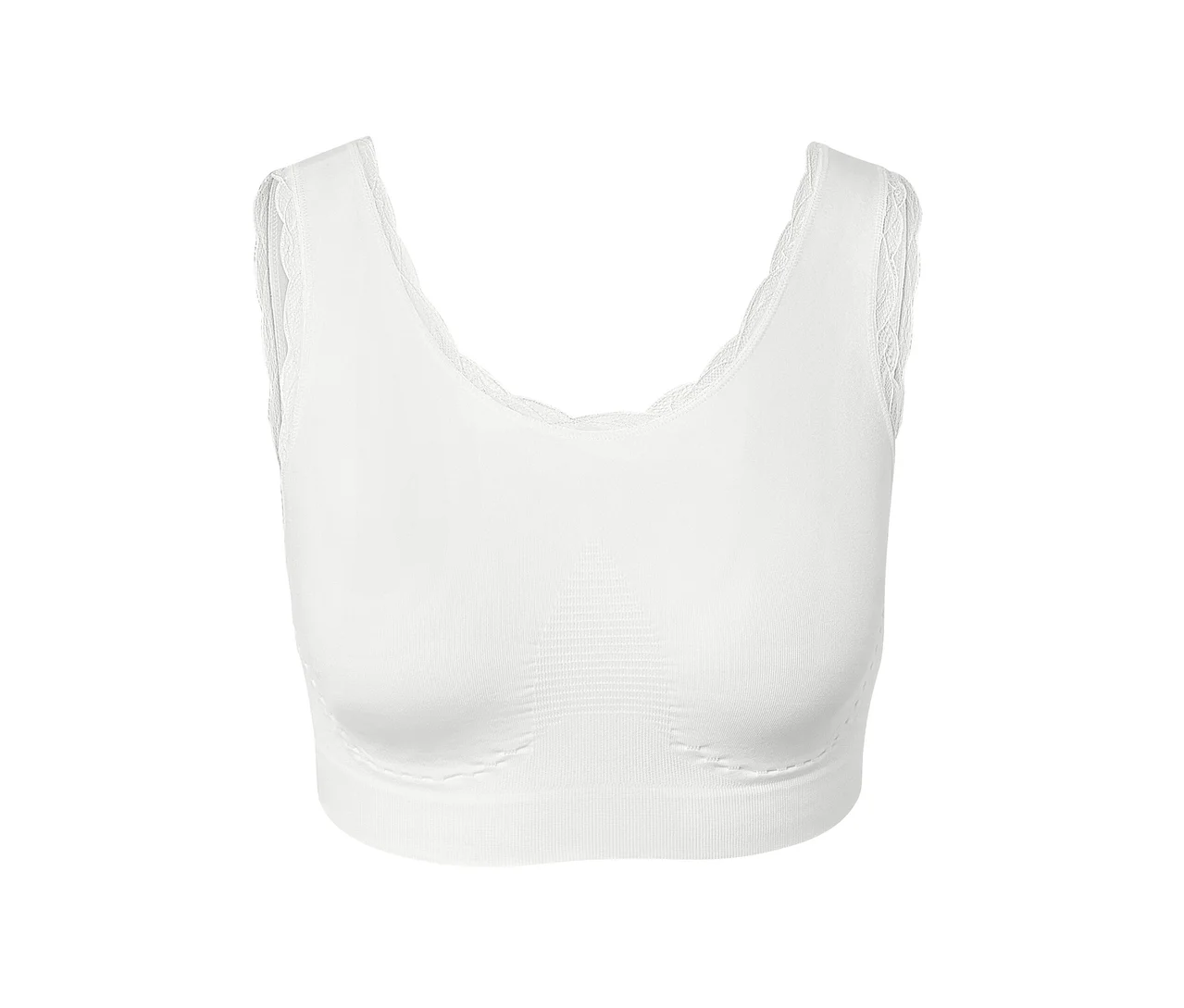 Egy fehér, csipkés, varrásmentes bustier melltartó részletfotója.