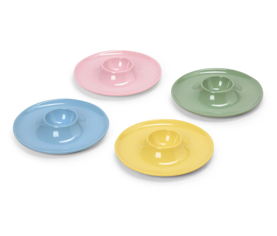 Négy pasztell tojástartó: kék, rózsaszín, zöld és sárga.