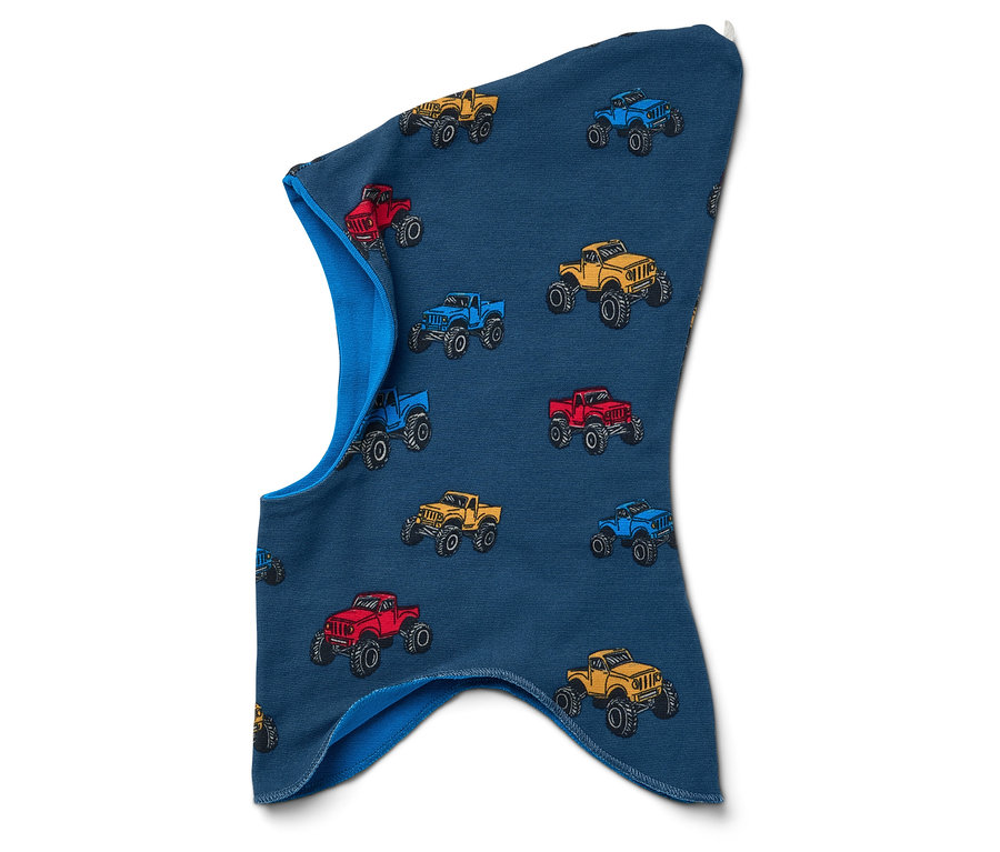 Kék színű, színes monster truck mintás balaclava.