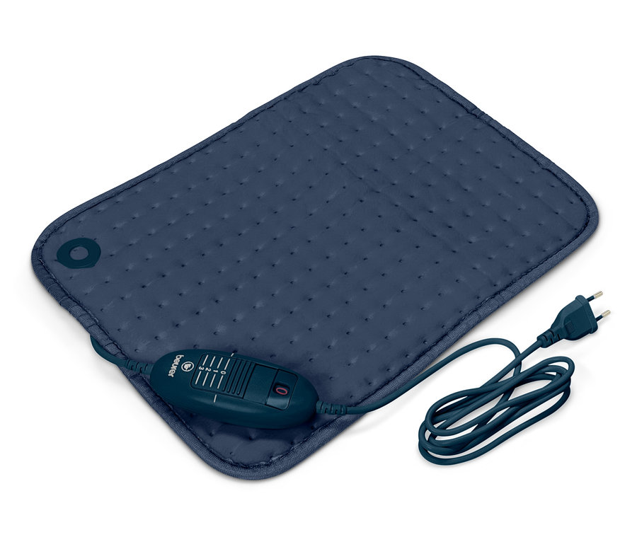 Kék fűtőbetét vezérlővel és kábellel fehér háttér előtt.