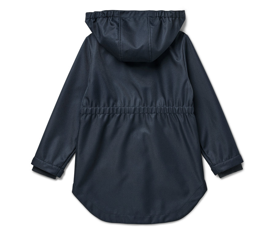 Sötétkék softshell kabát gyerekeknek hátulról, kapucnival.