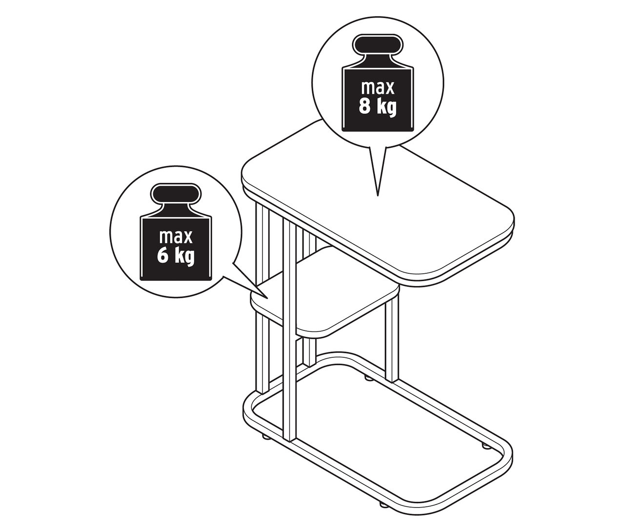 Egy kisasztal illusztrációja a maximális súlyra vonatkozó információkkal.