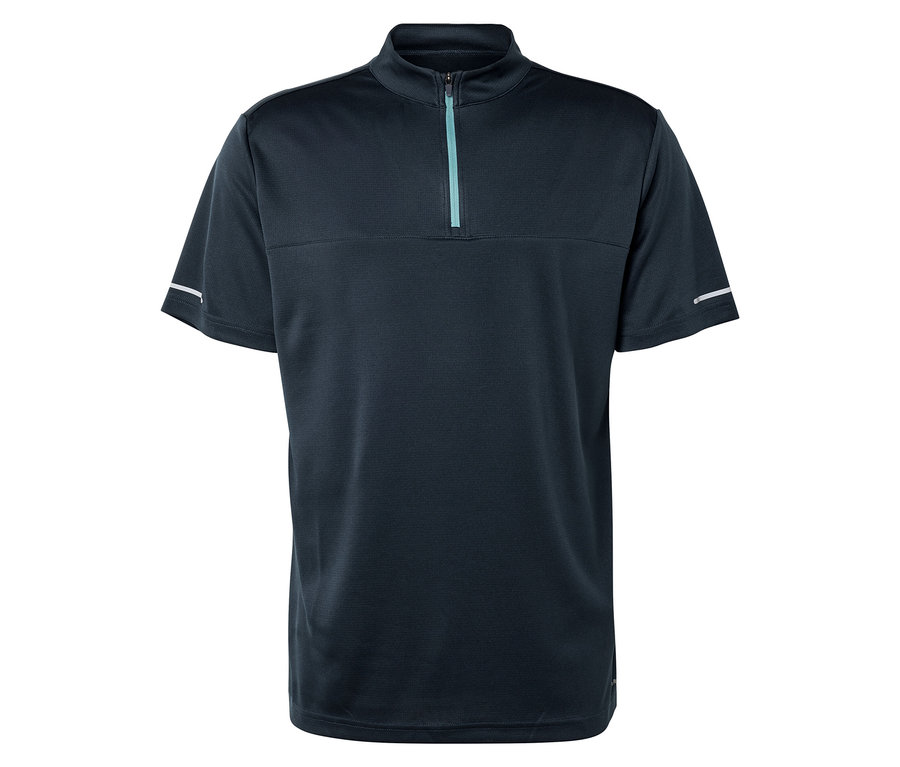 Egy rövid cipzáras, sötétkék kerékpáros trikó közeli képe, fényvisszaverő csíkokkal az ujján.