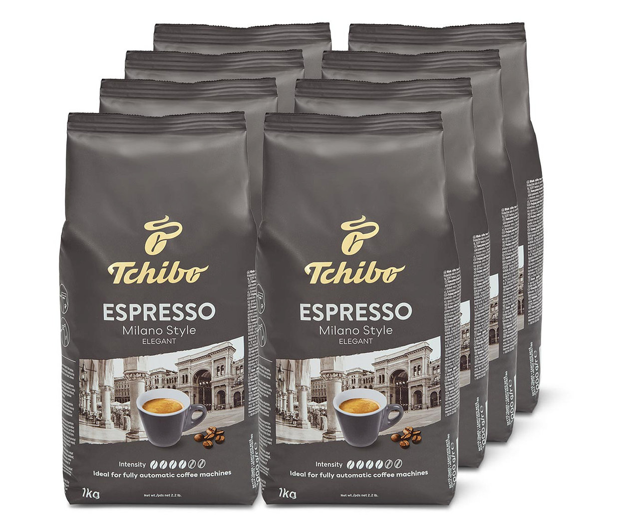 Két sorba rendezve egymás tetejére helyezve nyolc csomag Tchibo Espresso Milano Style - 8x1 kg szemes, pörkölt kávé.