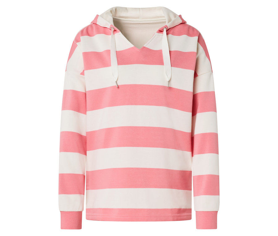 Rózsaszín-fehér csíkos, kapucnis, hosszú ujjú pulóver.