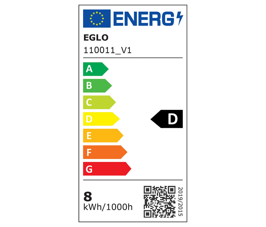 Az EGLO 110011_V1 energiacímke a D energiahatékonysági osztályt és a 8 kWh/1000h fogyasztást mutatja.