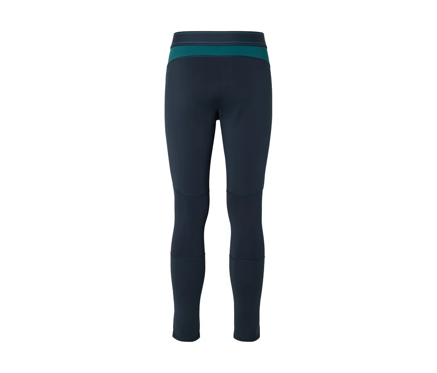 Sötétkék leggings türkiz derékpánttal és térdpanelekkel, hátulról nézve.