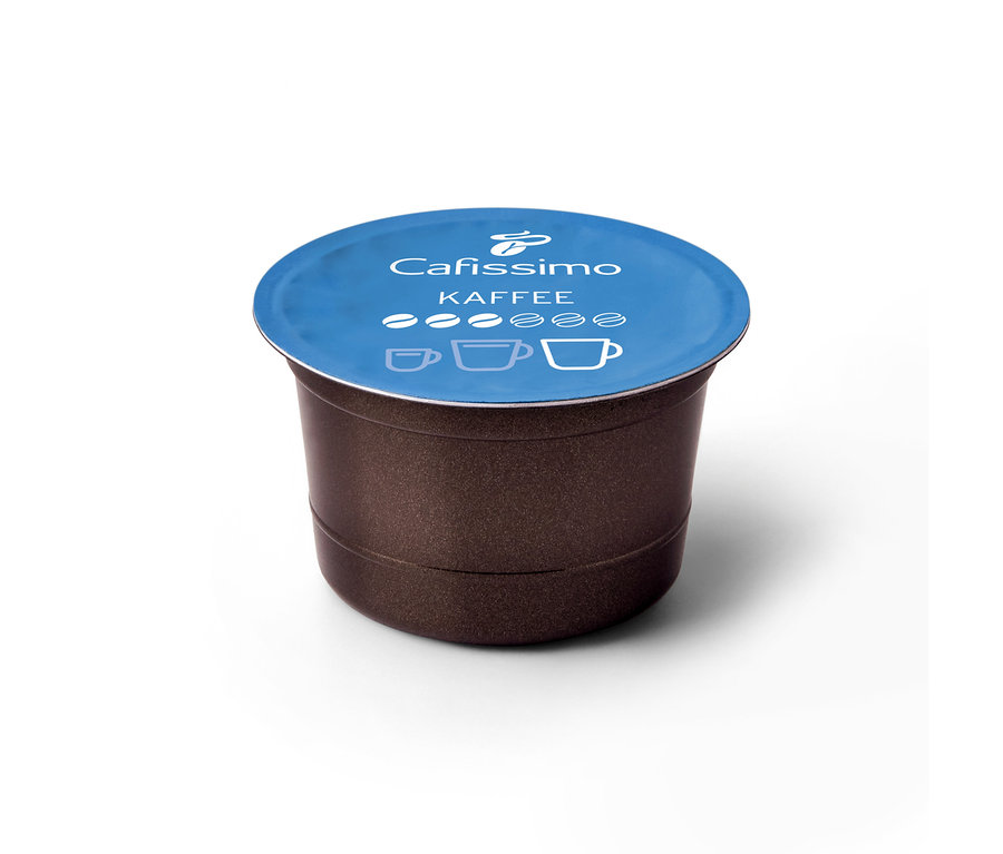 Sötétbarna Cafissimo Caffè Fine kávékapszula kék fedéllel, melyen "Caffè Fine" felirat és három csésze szimbólum látható.