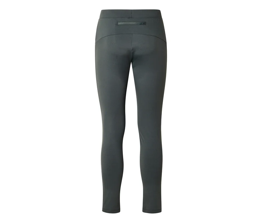 Sötétszürke leggings hátulról, cipzáras zsebbel a derékrészen és pöttyös mintával a bal lábszáron.