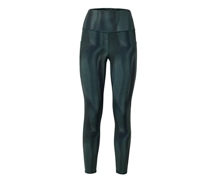 Sötétzöld, vízszintes csíkos, magas derekú leggings fehér háttér előtt.