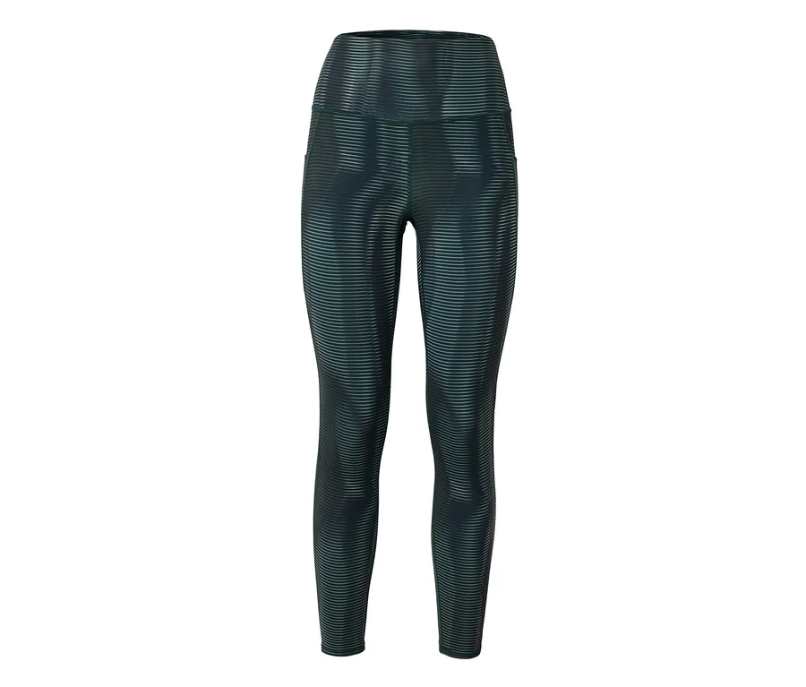 Sötétzöld, vízszintes csíkos, magas derekú leggings fehér háttér előtt.