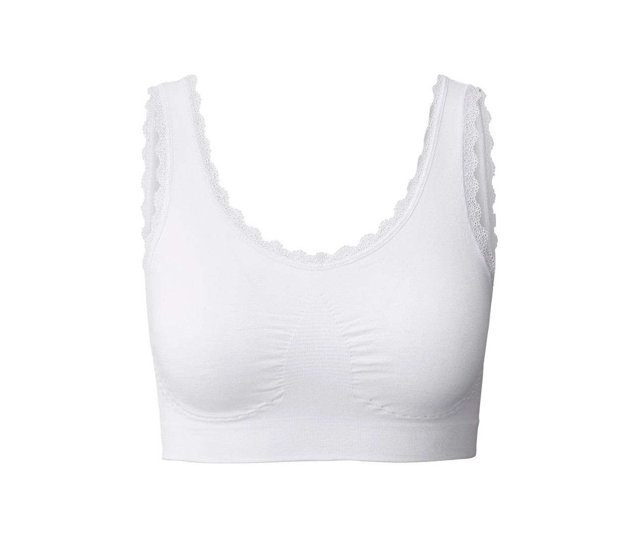 Fehér, csipkés szegélyű női seamless bustier melltartó.