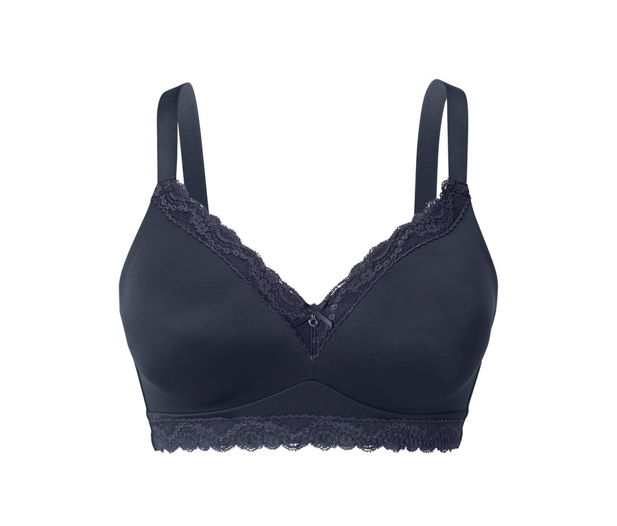 Egy kék, kényelmes, merevítő nélküli, puha melltartó közelképe csipkével.