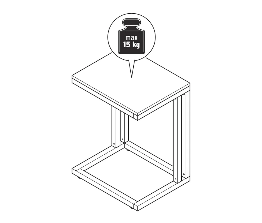 Egy C alakú asztal vázlata. Maximális terhelés 15 kg.