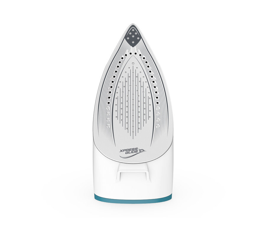 Egy fehér Tefal Express Easy SV6140 gőzállomás részlete szürke vasalótalppal.