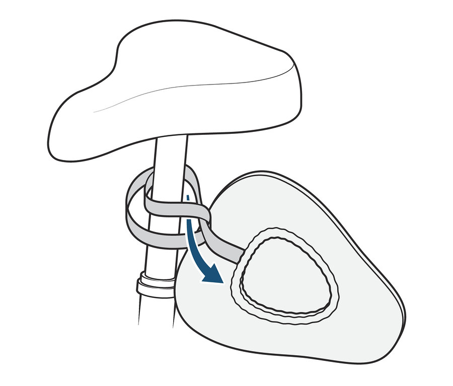 Egy kerékpárülés huzatának rajza, amely egy nyereghez van rögzítve.