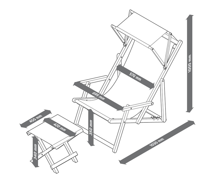 Ábra egy kerti összecsukható napozószékről, lábtartóval, méretekkel.